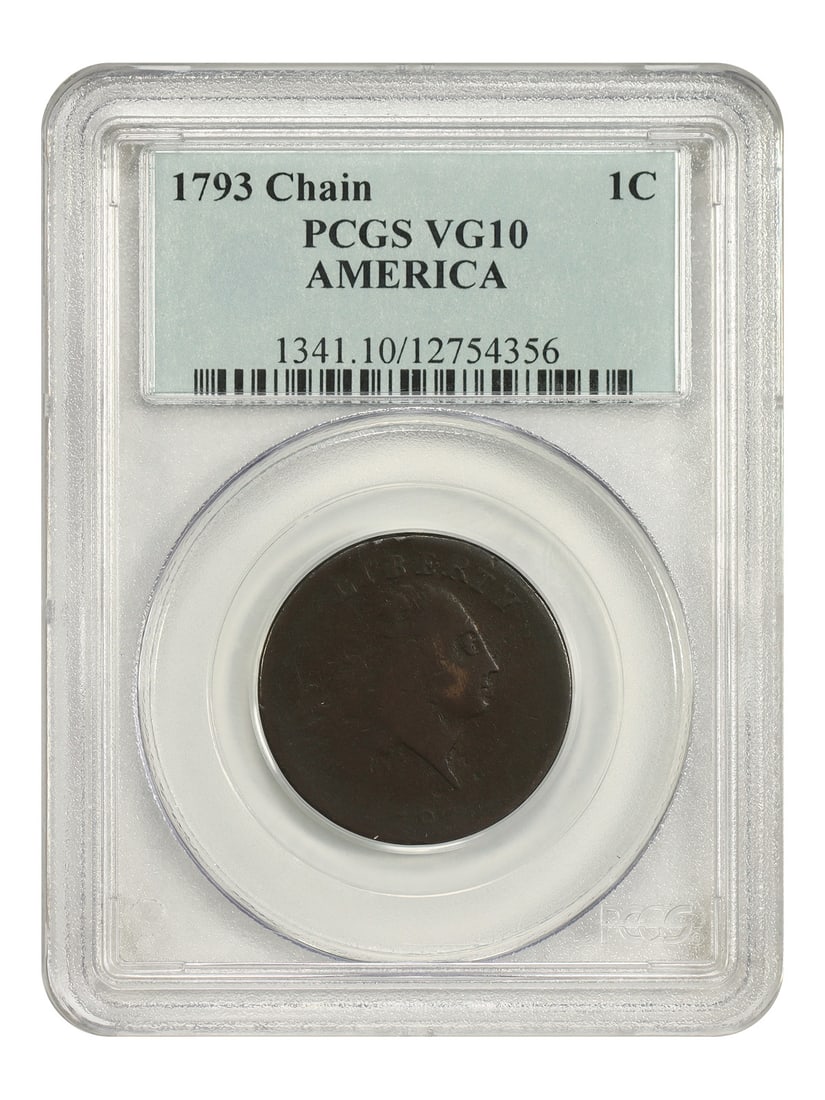 PCGS VG10 1793 Chain Cent Flowing Hair Large Cent: PCGS VG10 1793 Chain Cent Flowing Hair Large Cent This 1793 Flowing Hair Large Cent is a historic coin, representing the first regular issue produced at the United States Mint in Philadelphia. Certifi