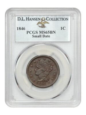 1846 Braided Hair Cent PCGS MS65BN Small Date: 1846 Braided Hair Cent PCGS MS65BN Small Date This 1846 Braided Hair Cent features the small date variety and is graded MS65BN by PCGS. The coin displays deep brown surfaces with subtle mint red hues,