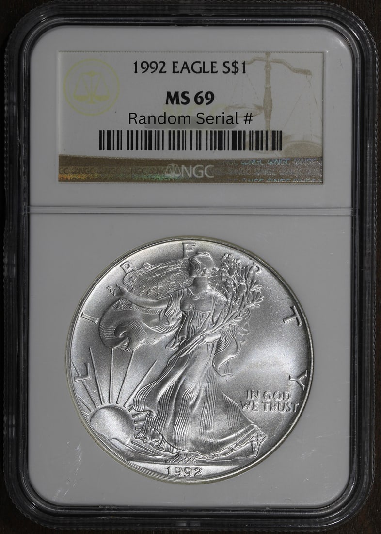 NGC MS69 1992 Silver Eagle Dollar Coin: NGC MS69 1992 Silver Eagle Dollar Coin This 1992 American Silver Eagle $1 coin is composed of 0.999 fine silver and contains 1 ounce of precious metal. Graded MS 69 by NGC, it was minted by the U.S. M