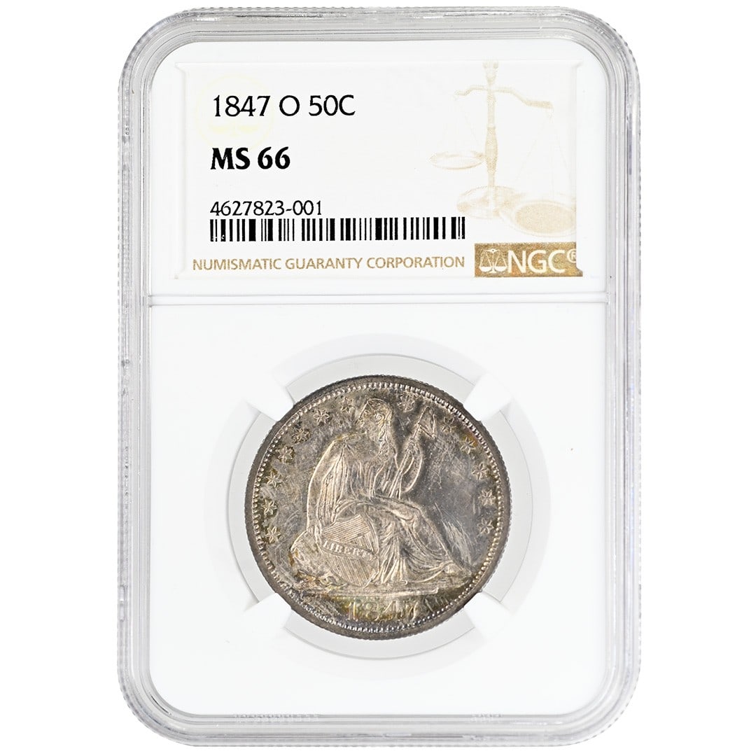 1847-O Seated Liberty Half Dollar NGC MS66 Finest Known: 1847-O Seated Liberty Half Dollar NGC MS66 Finest Known This 1847-O Liberty Seated Half Dollar is an uncirculated coin graded MS66 by NGC. Struck in New Orleans, it features lovely golden toning on bo
