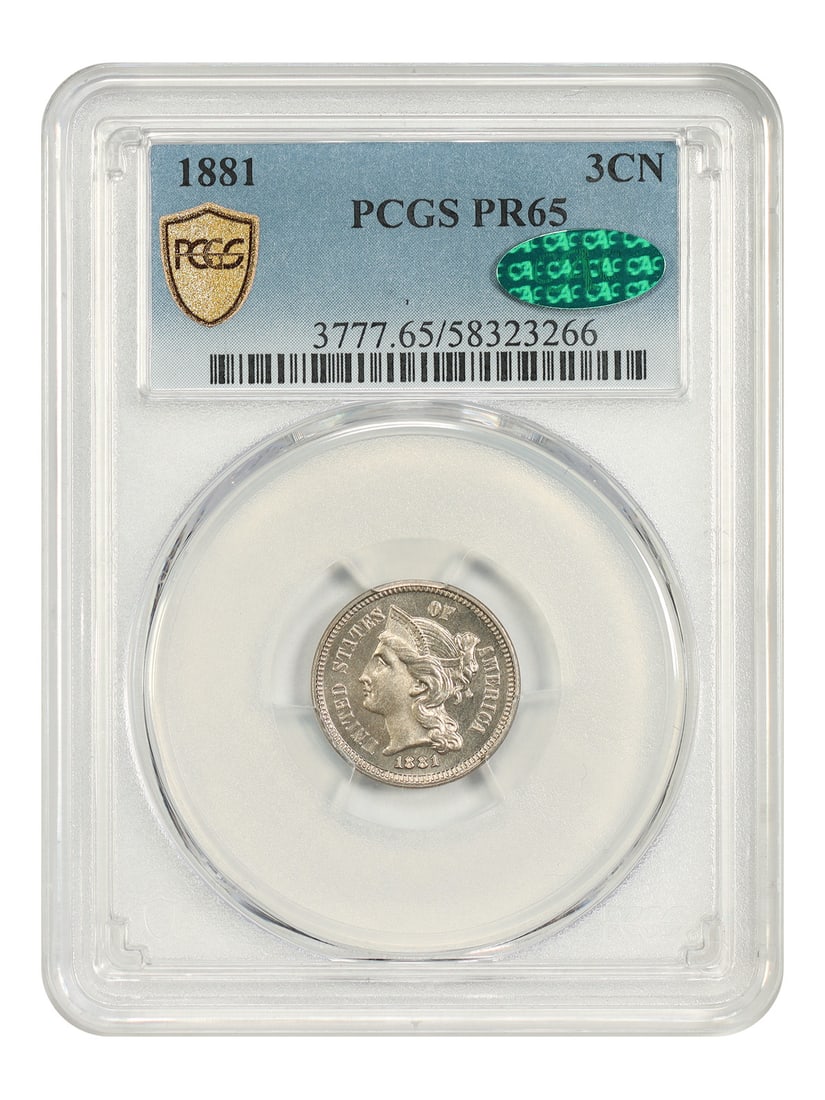 PCGS CAC PR65 1881 Philadelphia Three Cent Nickel: PCGS CAC PR65 1881 Philadelphia Three Cent Nickel This 1881 Three Cent Nickel features a proof strike and comes certified by PCGS with a grade of PR65. The coin was minted in Philadelphia and is uncir