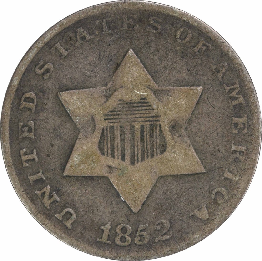 1852 Three Cent Silver Coin F Grade Uncertified: 1852 Three Cent Silver Coin F Grade Uncertified This 1852 Three Cent Silver coin, originating from the United States, is a remarkable piece for any numismatic collection. It features a composition of 