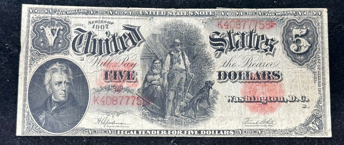 1907 United States $5 Red Seal Woodchopper Banknote (1 of 2)