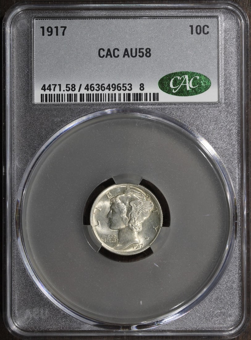 1917 Mercury Silver Dime CACG AU58: 1917 Mercury Silver Dime CACG AU58 This is a 1917 Mercury Dime from the United States, composed of 90% silver. The coin is of the Mercury variety and has a denomination of 10 cents. It is in pre-owned