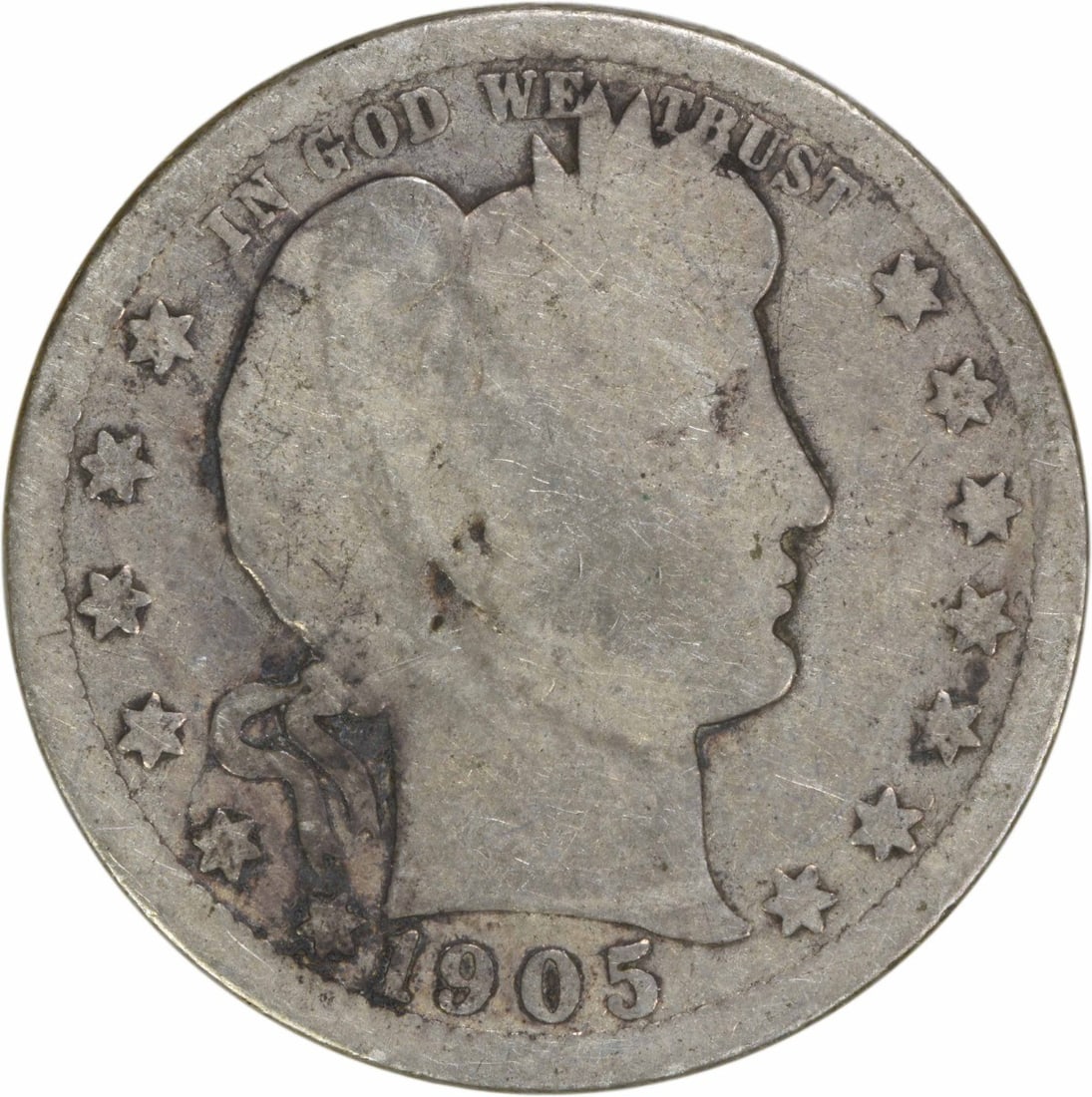 1905-O Barber Silver Quarter 25C Uncertified Circulated: 1905-O Barber Silver Quarter 25C Uncertified Circulated This 1905-O Barber Silver Quarter is a beautifully preserved piece of American history, featuring the iconic design by Charles E. Barber. Minted