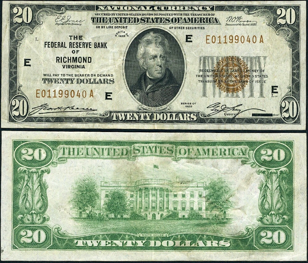 1929 $20 Richmond Federal Reserve Bank Note E-A Block FR 1870 E Brown Seal: 1929 $20 Richmond Federal Reserve Bank Note E-A Block FR 1870 E Brown Seal This is a FR. 1870 E $20 Federal Reserve Bank Note issued in 1929 by the Richmond district, featuring the E-A block and a Bro