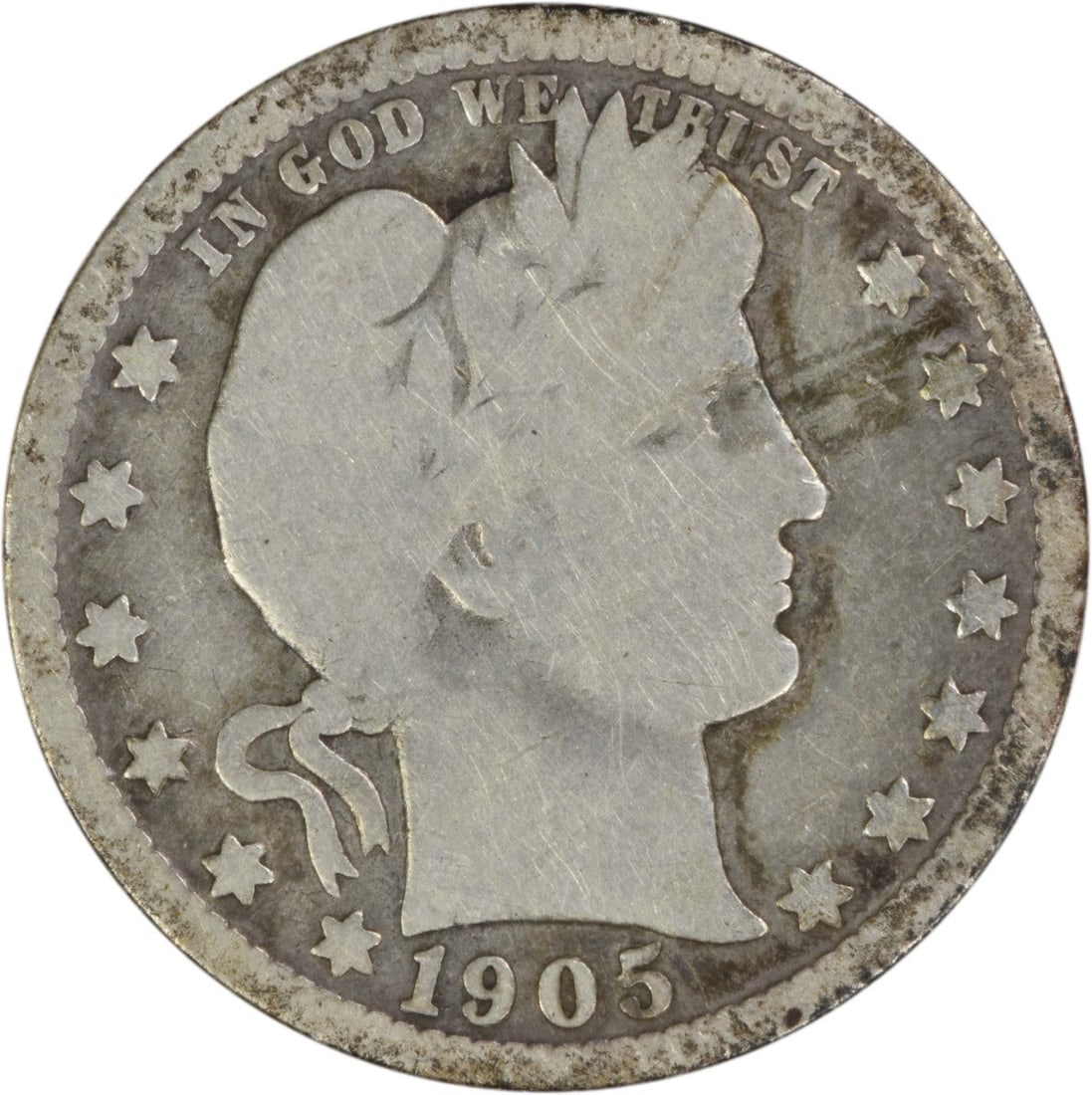 1905 New Orleans Barber Quarter 90 Percent Silver Uncertified United States Coin: 1905 New Orleans Barber Quarter 90 Percent Silver Uncertified United States Coin This 1905-O Barber Silver Quarter is a circulated coin from the New Orleans Mint. Designed by Charles E. Barber, it is 