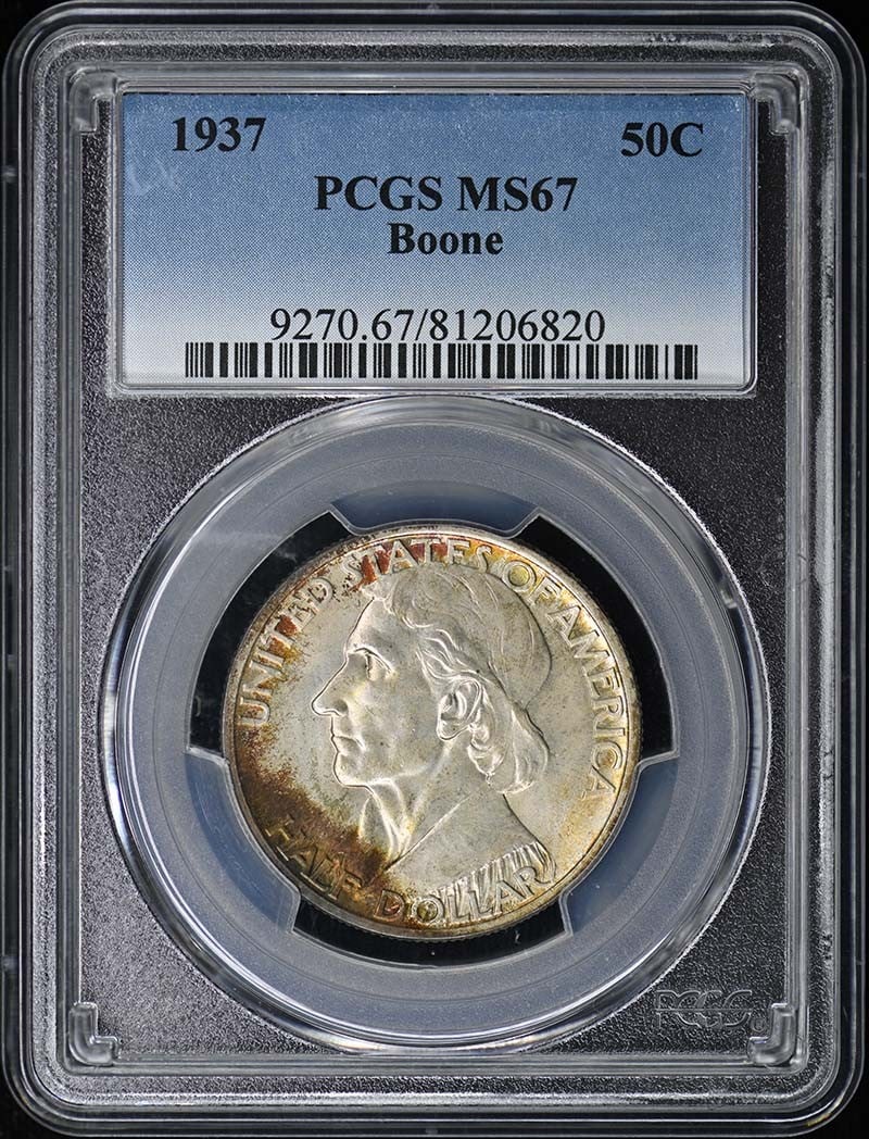 1937 Boone 50C PCGS MS67 Silver Commemorative: 1937 Boone 50C PCGS MS67 Silver Commemorative This 1937 Boone 50-cent silver commemorative coin is graded MS67 by PCGS. Struck at the Philadelphia Mint, it features a composition of 90% silver and 10%