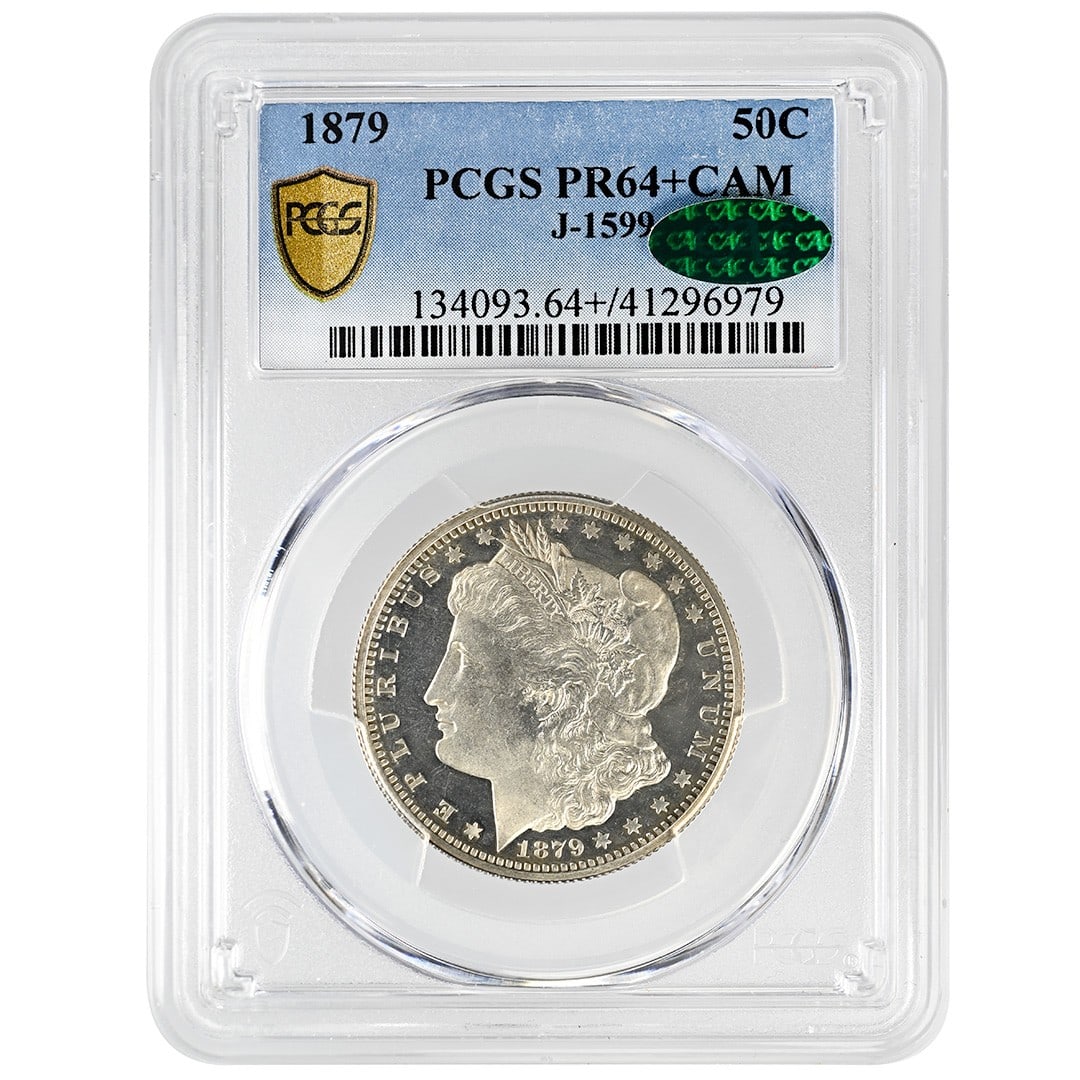 1879 Silver Pattern Half Dollar PCGS PR64+CAM CAC J-1599: 1879 Silver Pattern Half Dollar PCGS PR64+CAM CAC J-1599 This 1879 50C Half Dollar Pattern is a proof cameo coin certified by PCGS and CAC with a grade of PR64+CAM. Struck in silver at the Philadelphi