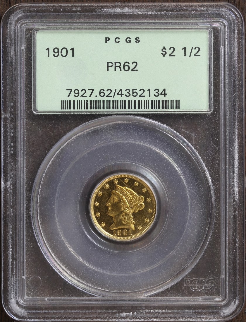 1901 Proof Liberty Head $2.50 Gold Coin PCGS PR63 OGH Certified: 1901 Proof Liberty Head $2.50 Gold Coin PCGS PR63 OGH Certified This 1901 Liberty Head Quarter Eagle $2.50 coin is a proof strike graded PR63 by PCGS. Composed of gold with a fineness of 0.9, it was m