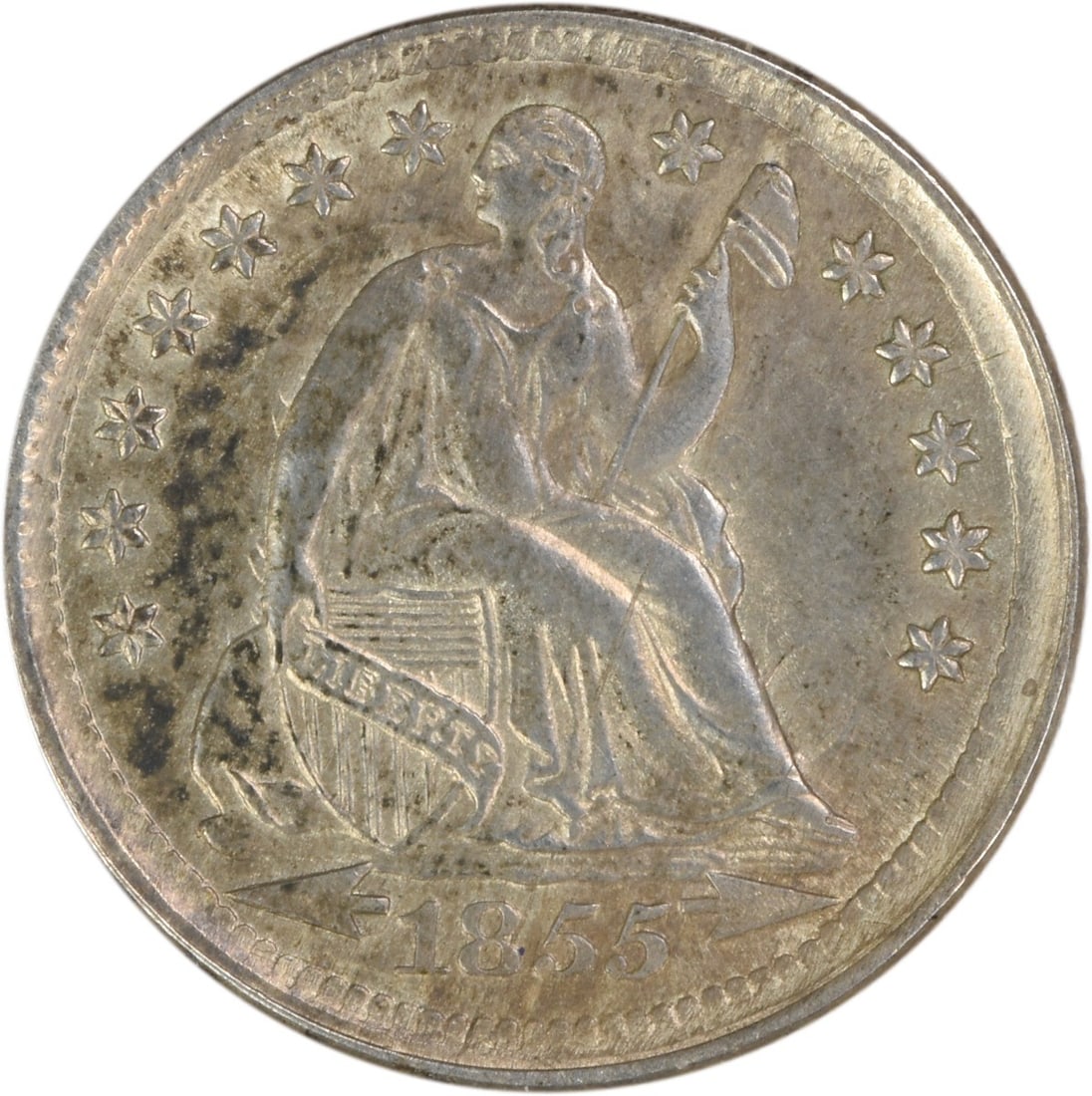 1855 Philadelphia Seated Half Dime Silver Coin AU Grade Uncertified: 1855 Philadelphia Seated Half Dime Silver Coin AU Grade Uncertified This 1855 Liberty Seated Silver Half Dime with arrows is an uncertified coin graded as AU (About Uncirculated) and was minted in Phi