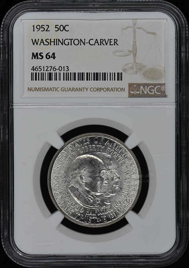 1952 Washington Carver Silver Half Dollar NGC MS64 Philadelphia Mint: 1952 Washington Carver Silver Half Dollar NGC MS64 Philadelphia Mint This 1952 Washington-Carver commemorative 50-cent coin is composed of silver and was struck at the Philadelphia Mint. It is graded 