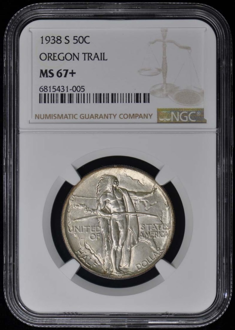 1938-S Oregon Trail Silver Half Dollar NGC MS67 Plus San Francisco Mint: 1938-S Oregon Trail Silver Half Dollar NGC MS67 Plus San Francisco Mint This is a 1938-S Oregon silver commemorative half dollar graded MS67+ by NGC. The coin was minted in San Francisco and remains u