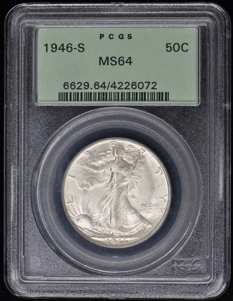 1946-S Walking Liberty Half Dollar PCGS MS64 Uncirculated: 1946-S Walking Liberty Half Dollar PCGS MS64 Uncirculated This 1946-S Walking Liberty Half Dollar is certified by PCGS with a grade of MS64, indicating it is in uncirculated condition. Minted in San F