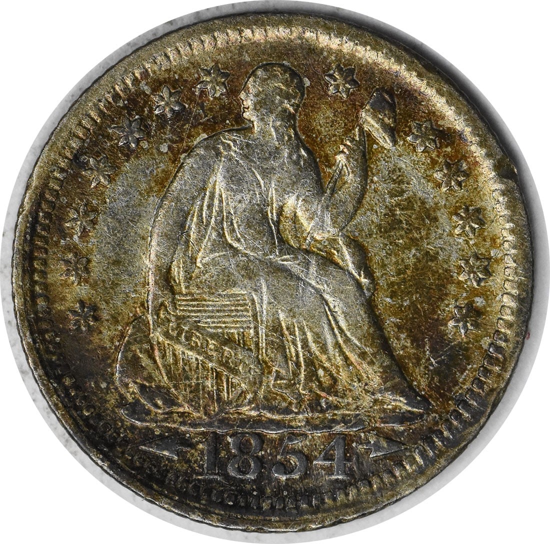 1854 Seated Liberty Half Dime Arrows AU Uncertified Silver: 1854 Seated Liberty Half Dime Arrows AU Uncertified Silver This is an 1854 Liberty Seated Silver Half Dime featuring arrows at the date. The coin is circulated and remains uncertified. It is composed 