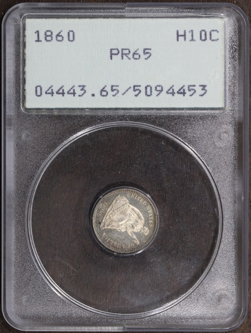 1860 Proof Silver Seated Liberty Half Dime PCGS PR65: 1860 Proof Silver Seated Liberty Half Dime PCGS PR65 This is an 1860 Seated Liberty Half Dime, graded PR65 by PCGS. Struck in proof quality at the Philadelphia Mint, this uncirculated coin is composed