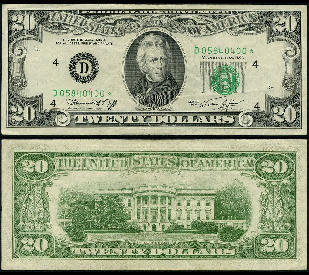 1974 $20 Federal Reserve Note Cleveland FR 2071 D Star Very Fine+: 1974 $20 Federal Reserve Note Cleveland FR 2071 D Star Very Fine+ This 1974 Federal Reserve Note is a $20 denomination with the serial number FR. 2071 D*. It is classified as a Very Fine+ grade, showc