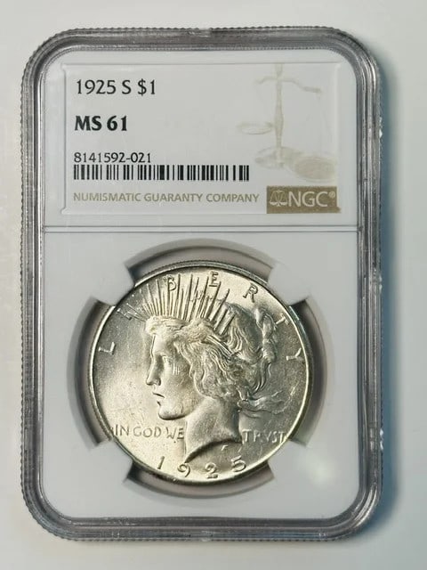 San Francisco 1925 Peace Silver Dollar NGC MS61: San Francisco 1925 Peace Silver Dollar NGC MS61 This 1925 Peace Dollar is graded MS 61 by NGC and features a white silver finish. Minted in San Francisco, it is composed of silver and comes with NGC c