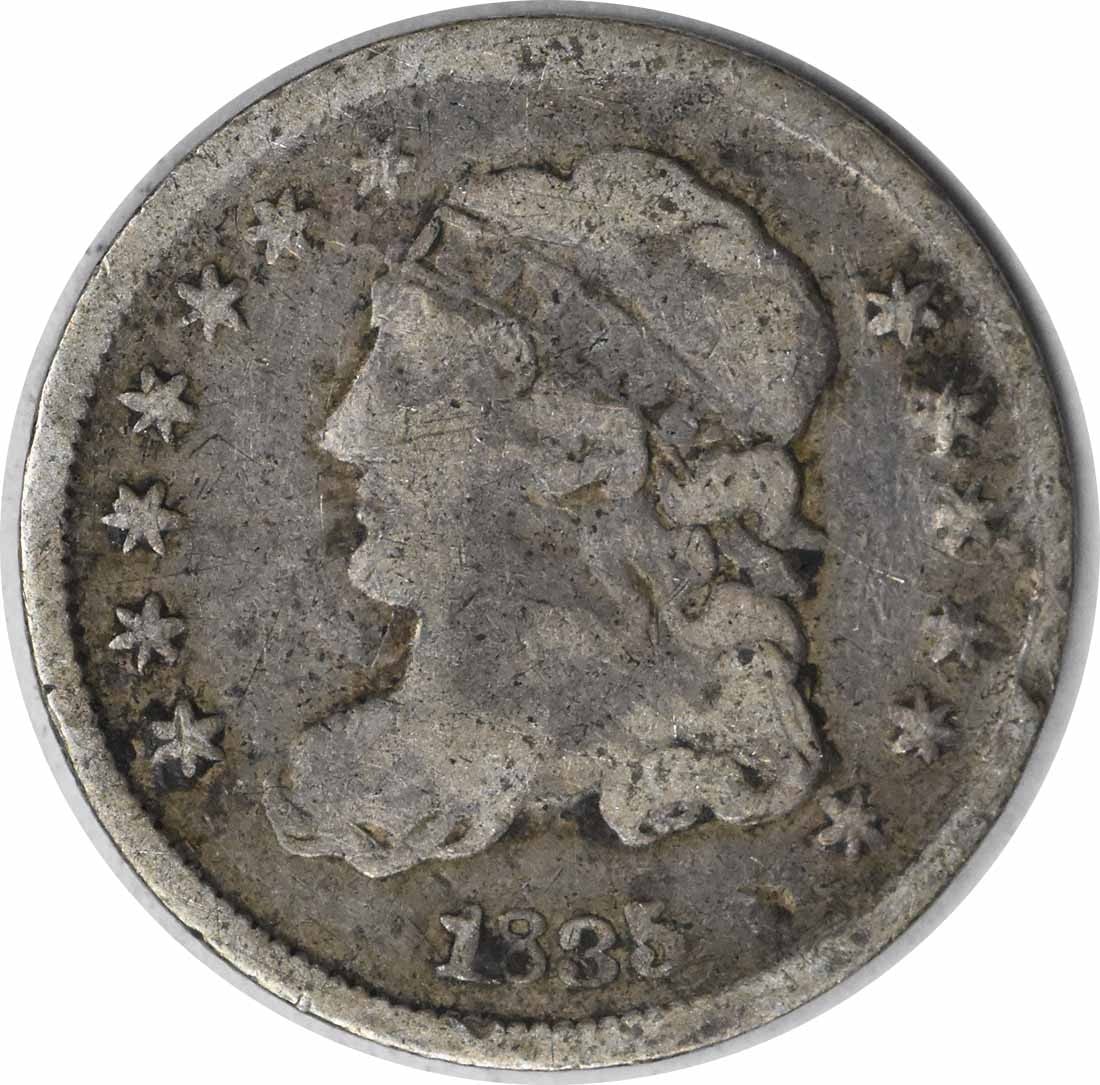 1835 Capped Bust Half Dime Philadelphia Mint Silver Coin: 1835 Capped Bust Half Dime Philadelphia Mint Silver Coin This 1835 Capped Bust Silver Half Dime is a notable collectible for numismatists. Struck at the Philadelphia mint, this coin features a composi
