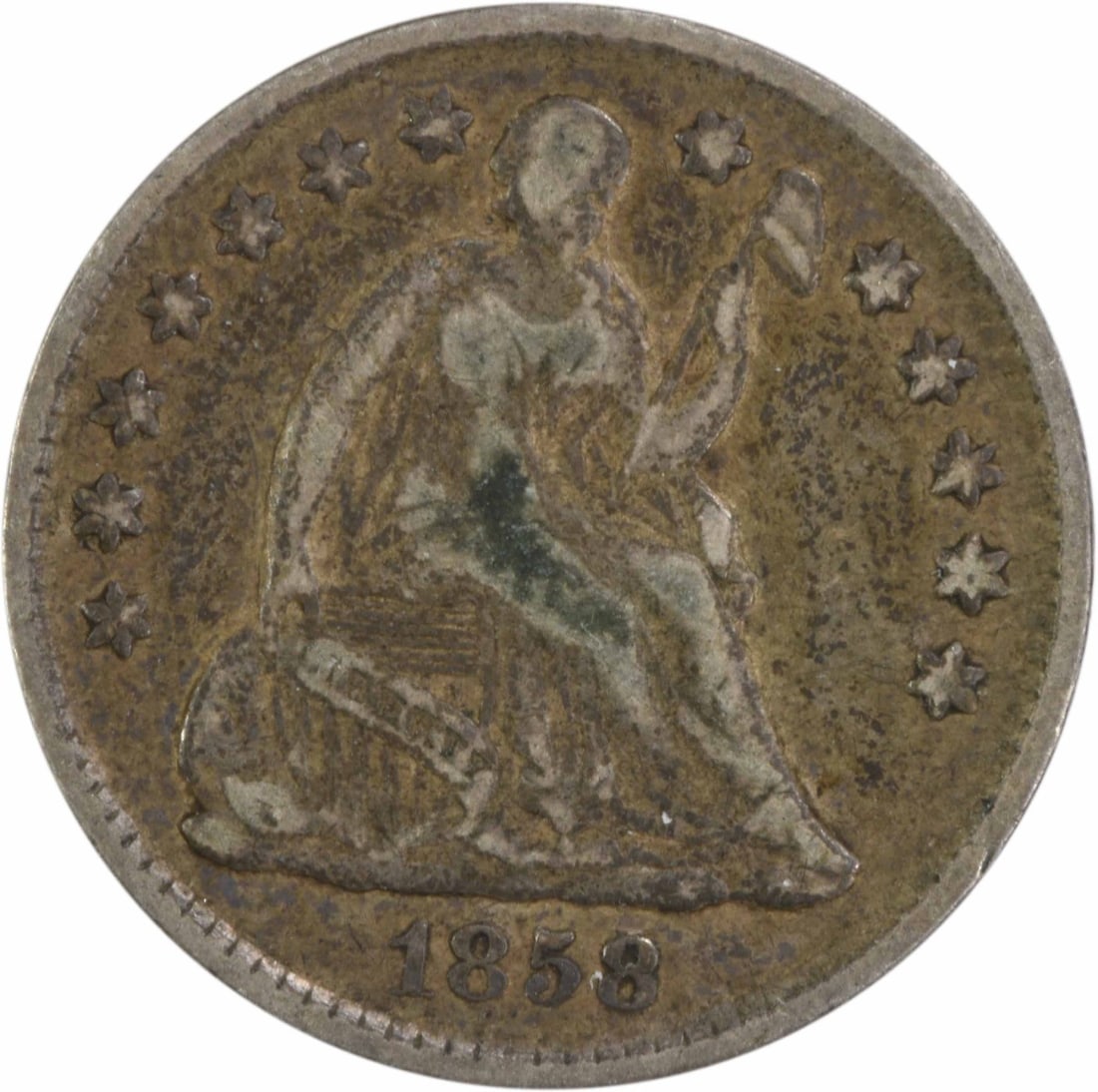 1858 Liberty Seated Half Dime 90% Silver Uncertified: 1858 Liberty Seated Half Dime 90% Silver Uncertified This 1858 Liberty Seated Silver Half Dime is a remarkable piece of American numismatic history. Struck at the Philadelphia Mint, this coin showcase