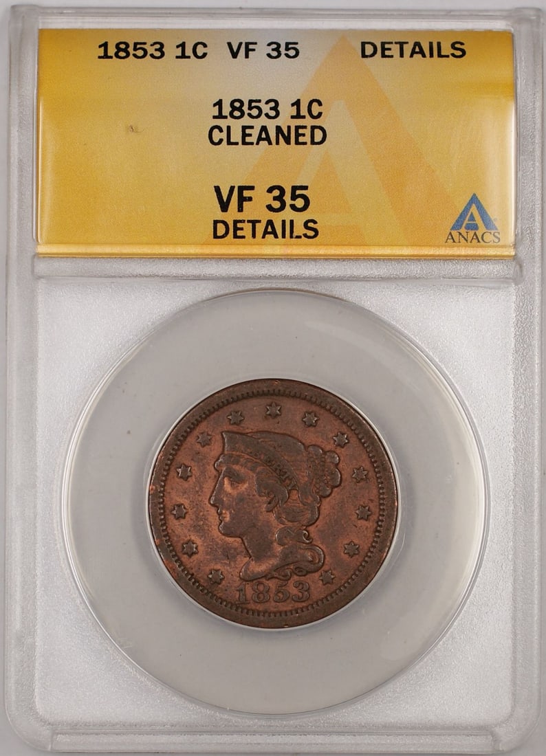 ANACS Graded 1853 Braided Hair Large Cent VF 35 Cleaned Copper Coin (1 of 2)