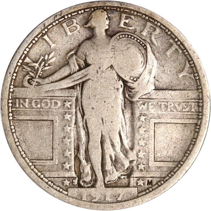 San Francisco Mint 1917 Silver Standing Liberty Quarter Type 1: San Francisco Mint 1917 Silver Standing Liberty Quarter Type 1 This is a 1917-S Type 1 Standing Liberty Quarter from the San Francisco Mint. The coin is composed of silver and is in circulated, pre-ow