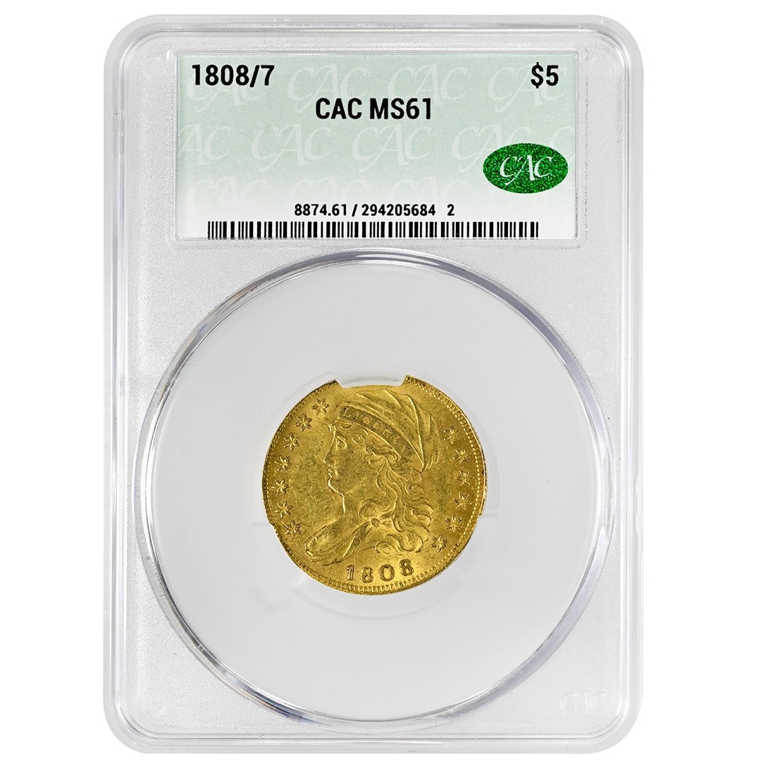1808 5 Gold Capped Bust CACG MS61 Philadelphia Coin: 1808 5 Gold Capped Bust CACG MS61 Philadelphia Coin This is an 1808/7 $5 Capped Bust gold coin from the United States, featuring the Type 1 Large Bust design. The coin is uncirculated and has been pro