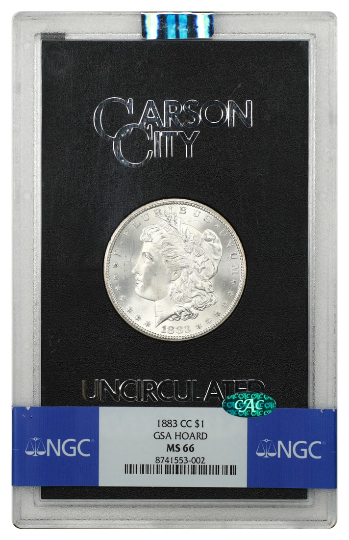 1883 CC Morgan Dollar NGC CAC MS66 GSA: 1883 CC Morgan Dollar NGC CAC MS66 GSA This 1883 Carson City Morgan Dollar is housed in its original GSA hard case and has been graded MS66 by NGC, with CAC approval. It features strong luster and exc