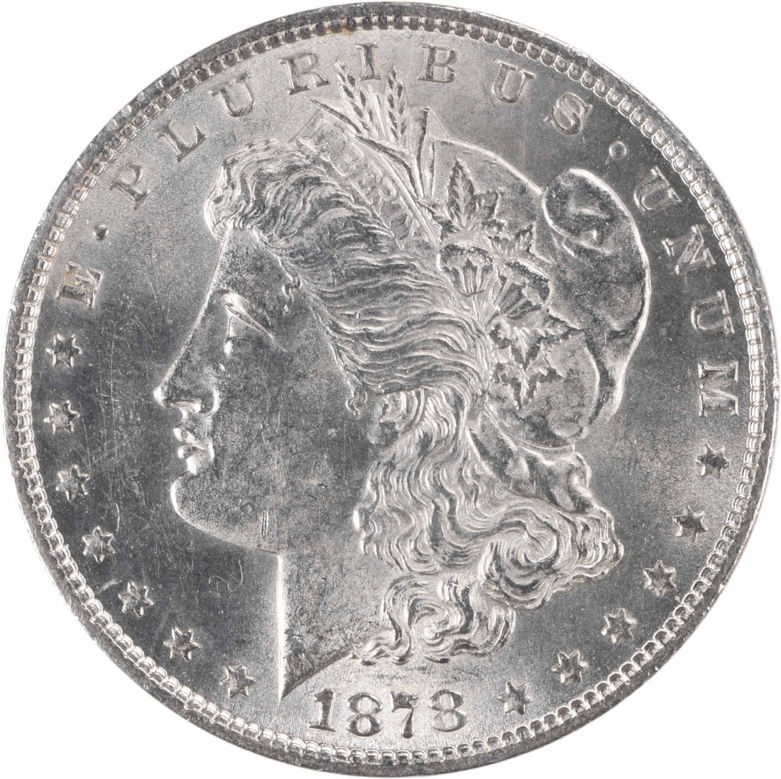 Uncirculated 1878 Silver Morgan Dollar 7 Tail Feathers Reverse of 1879: Uncirculated 1878 Silver Morgan Dollar 7 Tail Feathers Reverse of 1879 This is an 1878 Morgan Silver Dollar featuring the 7 tail feathers reverse of 1879. The coin is uncirculated and is in brilliant 