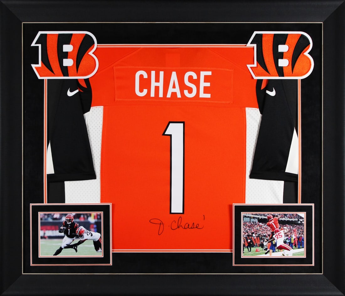 Ja'Marr Chase Signed Orange Nike Framed Jersey Cincinnati Bengals BAS Witnessed: Ja'Marr Chase Signed Orange Nike Framed Jersey Cincinnati Bengals BAS Witnessed This autographed orange throwback Nike game jersey has been personally signed by Ja'Marr Chase, star player of the Cinci