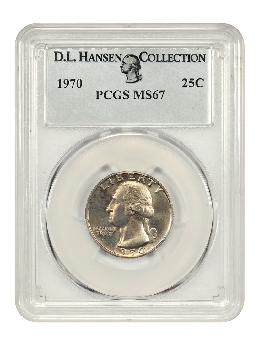 PCGS MS67 Washington Quarter 1970 Philadelphia Ex D L Hansen: PCGS MS67 Washington Quarter 1970 Philadelphia Ex D L Hansen This 1970 Washington Quarter is a superb gem graded MS67 by PCGS, featuring creamy tan surfaces that transition into golden and purple tone