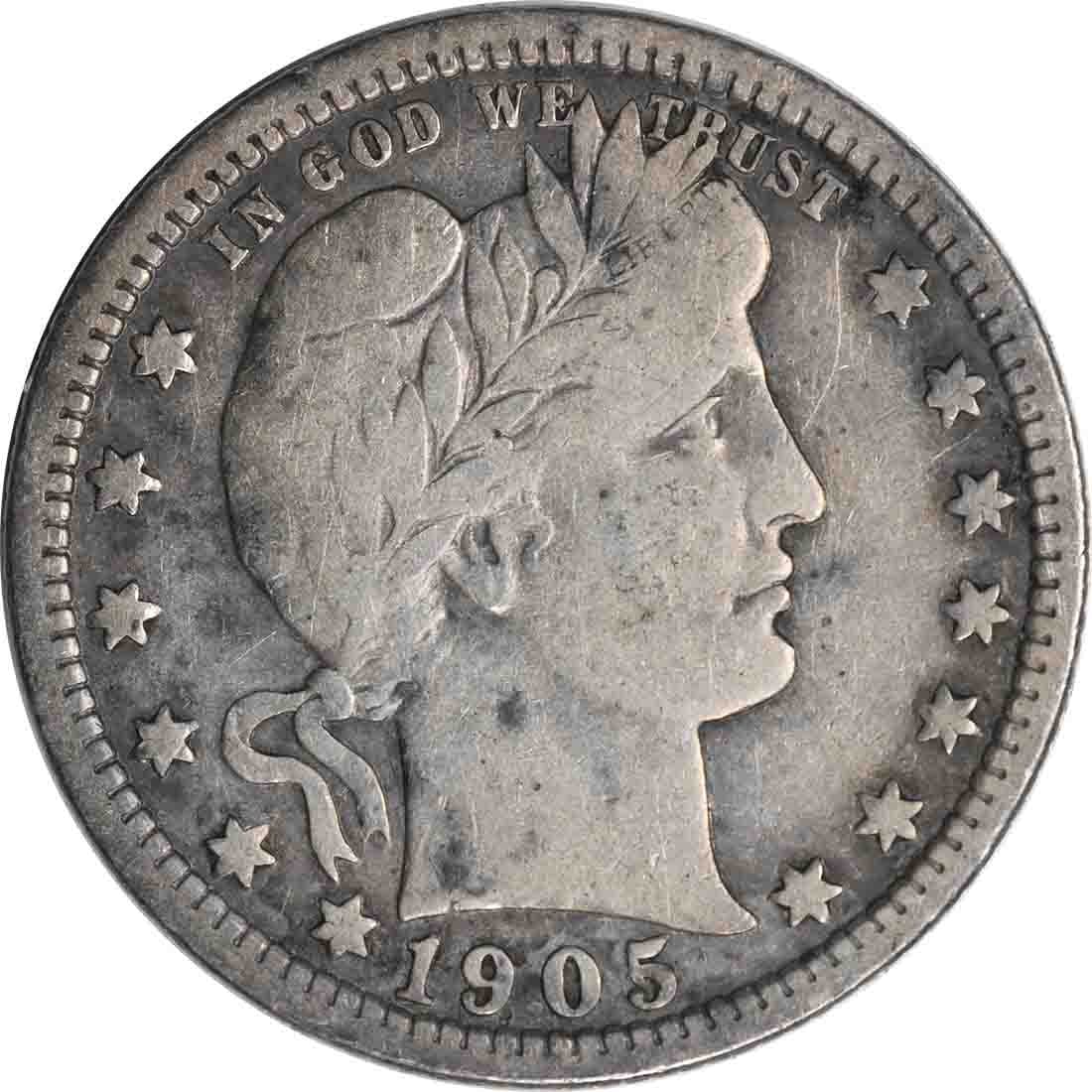 1905 Barber Quarter 25C Circulated Uncertified 90% Silver: 1905 Barber Quarter 25C Circulated Uncertified 90% Silver This 1905 Barber Silver Quarter is a classic piece of numismatic history. Featuring the iconic design by Charles E. Barber, this coin is a tes