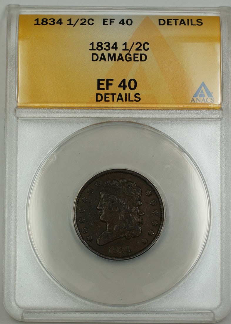 1834 Copper Classic Head Half Cent ANACS EF-40 Details Damaged: 1834 Copper Classic Head Half Cent ANACS EF-40 Details Damaged This 1834 Classic Head Half Cent is certified by ANACS with a grade of EF-40 Details and noted as damaged. Struck in copper at the Philad