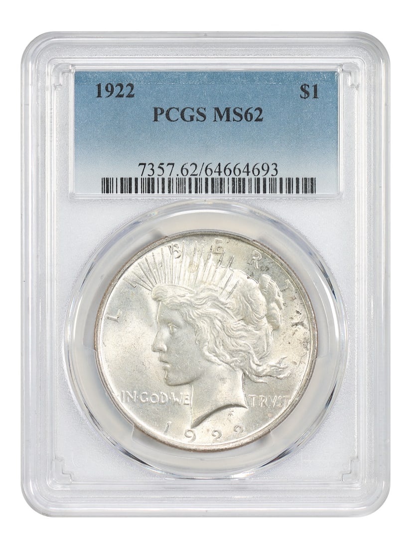 1922 Peace Dollar Uncirculated $1 Coin Graded MS62 by PCGS: 1922 Peace Dollar Uncirculated $1 Coin Graded MS62 by PCGS This 1922 Peace Dollar is certified by PCGS with a grade of MS62. The coin is uncirculated and was struck at the Philadelphia Mint. It featur