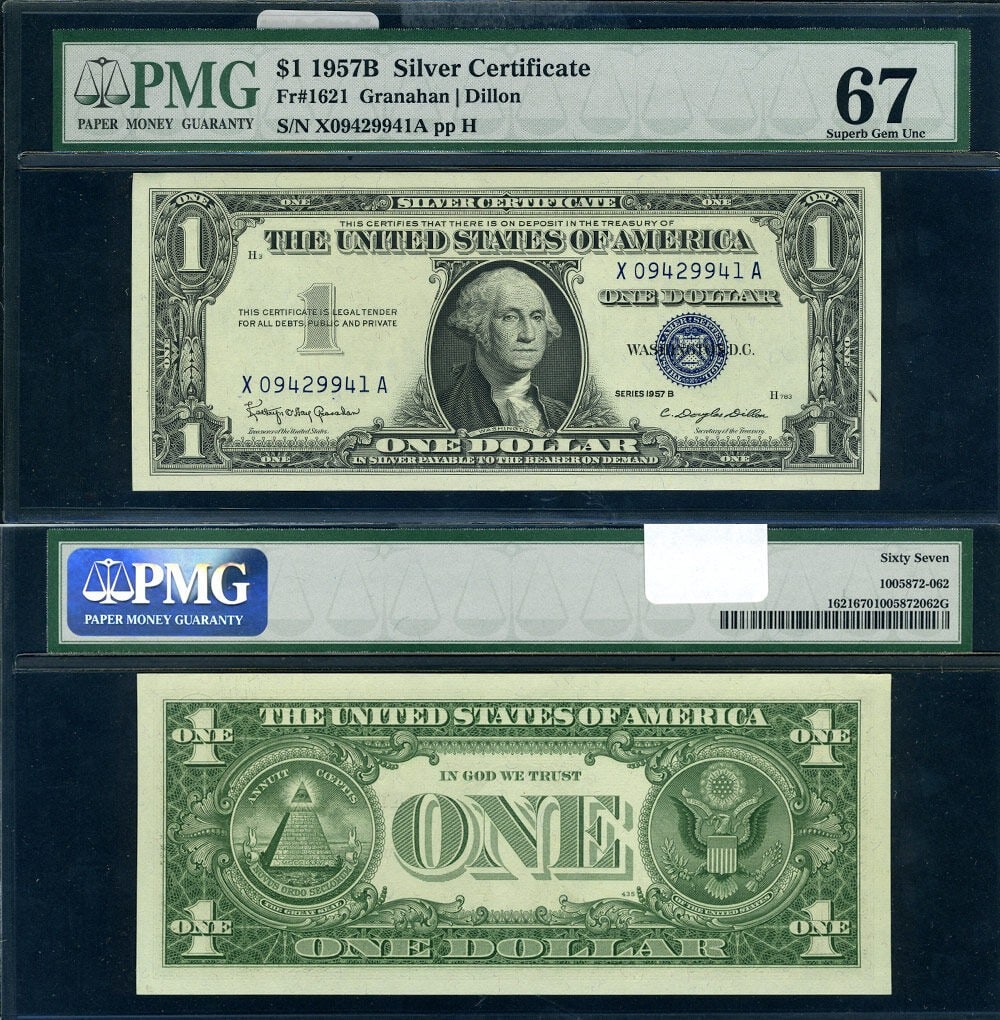 PMG Superb Gem 67 1957-B $1 Silver Certificate X-A Block (1 of 3)