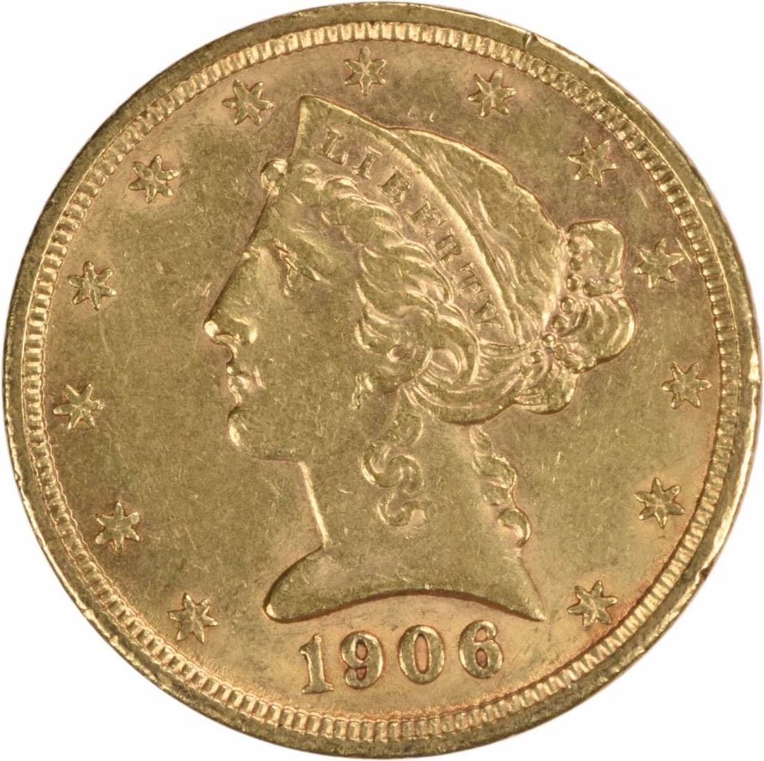 1906 $5 Gold Liberty Head Coin AU Uncertified Philadelphia Mint: 1906 $5 Gold Liberty Head Coin AU Uncertified Philadelphia Mint This 1906 $5 Gold Liberty Head coin is a remarkable piece of history, showcasing the exquisite design by Christian Gobrecht. The coin is
