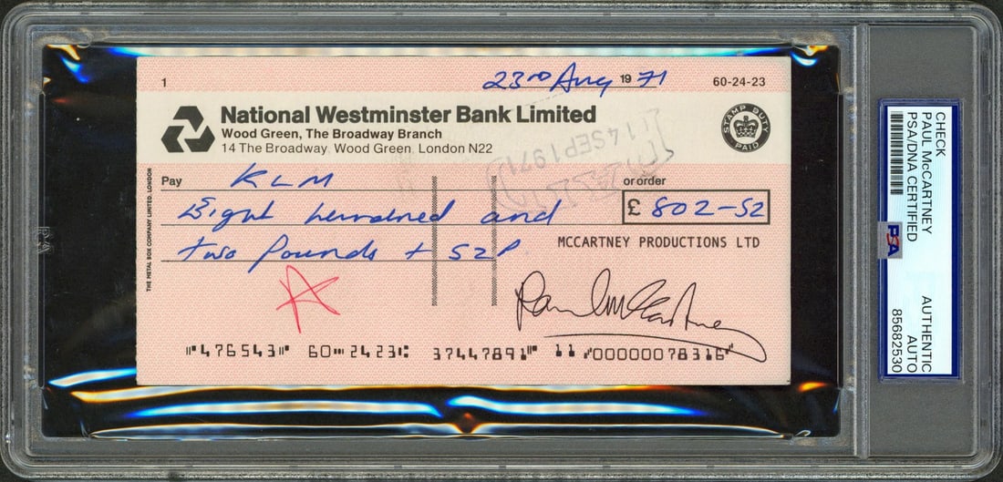 PSA Slabbed Paul McCartney 1971 Signed National Westminster Check 3.25x6.25 (1 of 3)
