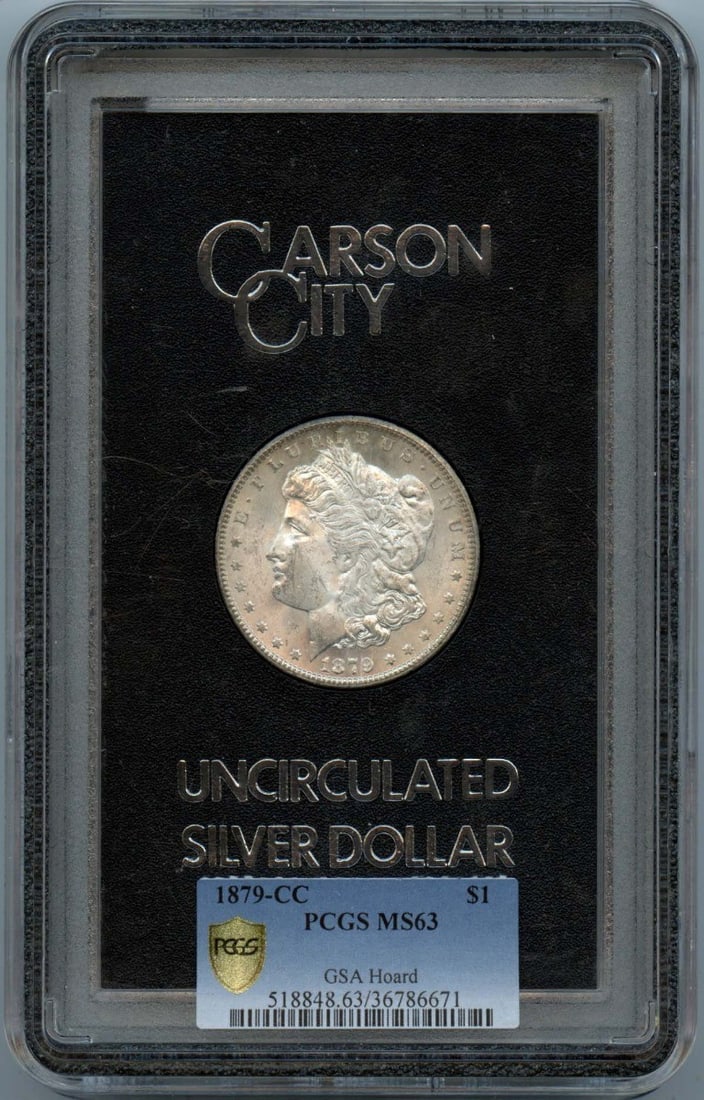 PCGS MS63 1879 Carson City Morgan Silver Dollar GSA Hoard Uncirculated: PCGS MS63 1879 Carson City Morgan Silver Dollar GSA Hoard Uncirculated This 1879-CC Morgan Dollar is part of the GSA Hoard and is graded MS63 by PCGS. It features light toning and was minted in Carson