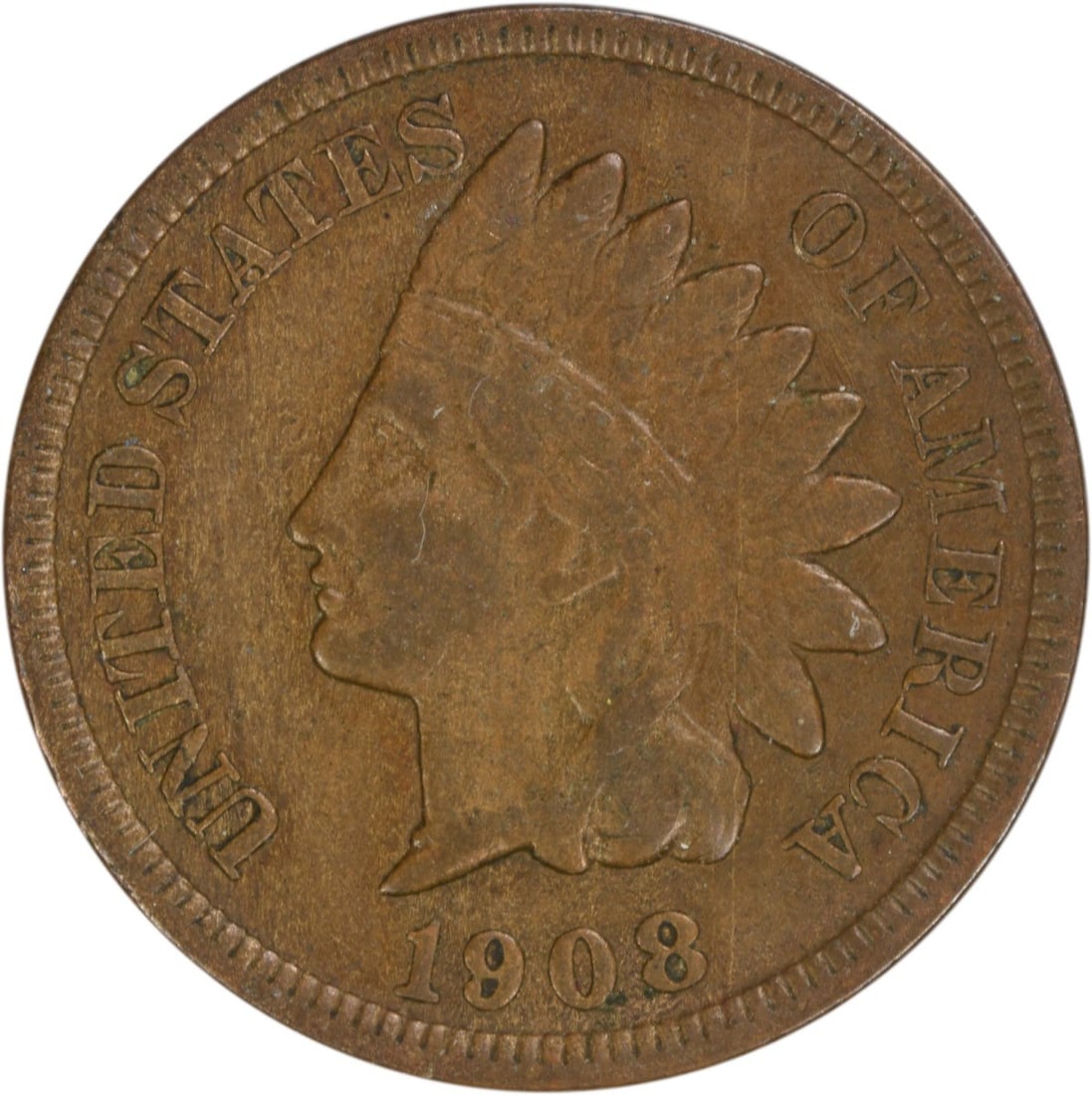 San Francisco Mint 1908 Indian Head Cent VF Grade Uncertified: San Francisco Mint 1908 Indian Head Cent VF Grade Uncertified This is a circulated 1908-S Indian Head Cent from the United States, minted in San Francisco. Designed by James Barton Longacre, this smal