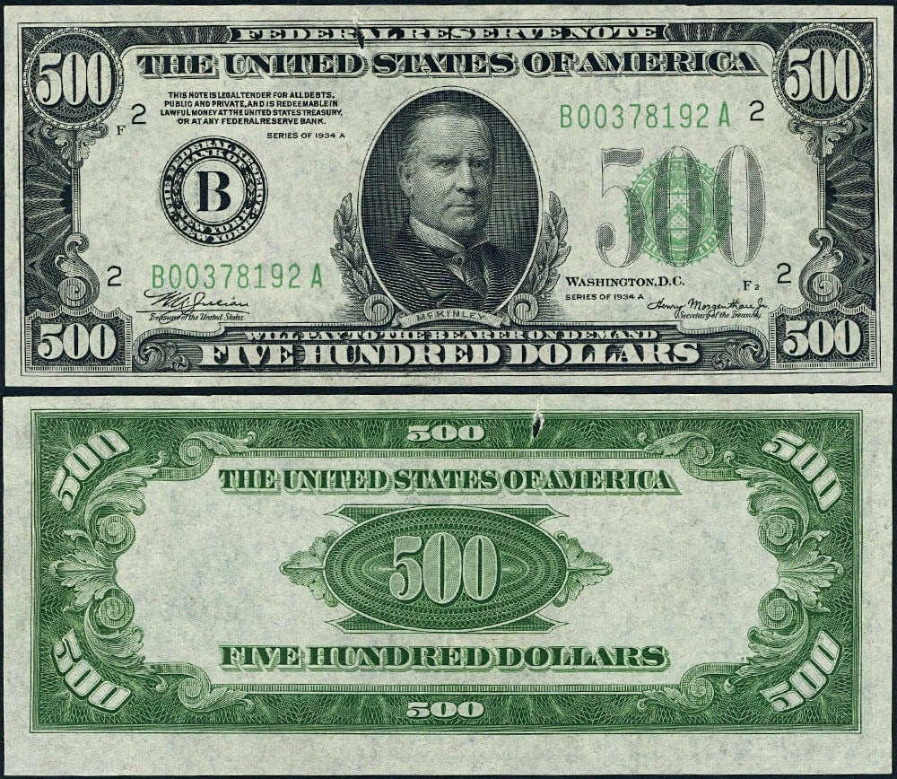 1934-A $500 Federal Reserve Note New York FR. 2202 B AU with Tear: 1934-A $500 Federal Reserve Note New York FR. 2202 B AU with Tear This $500 Federal Reserve Note from 1934-A, designated as FR. 2202 B, is a remarkable piece of currency history. Circulated and graded
