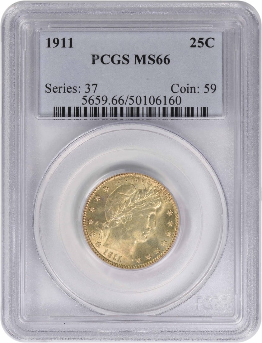 1911 MS66 Barber Quarter Certified by PCGS: 1911 MS66 Barber Quarter Certified by PCGS This 1911 Barber Silver Quarter is graded MS66 by PCGS and features a design by Charles E. Barber. Struck in Philadelphia, this uncirculated coin is composed