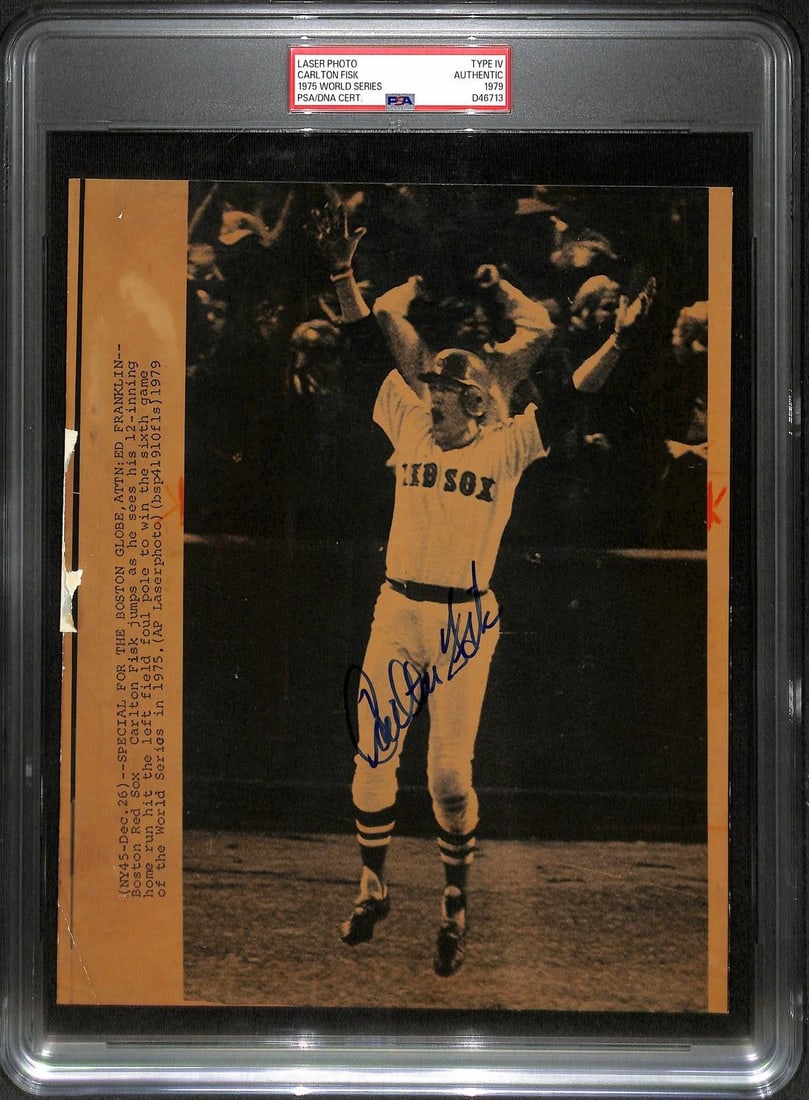 Carlton Fisk PSA DNA signed 1975 World Series wire photo: Carlton Fisk PSA DNA signed 1975 World Series wire photo This vintage Type IV wire photo features Hall of Fame catcher Carlton Fisk celebrating his legendary home run during the 1975 World Series with