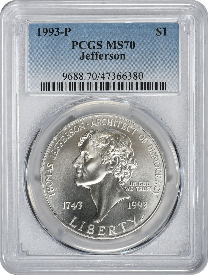 PCGS MS70 1993 P Philadelphia Jefferson Silver Dollar Commemorative: PCGS MS70 1993 P Philadelphia Jefferson Silver Dollar Commemorative This 1993-P Jefferson Commemorative Silver Dollar is a United States coin struck at the Philadelphia Mint. It is composed of 90% sil