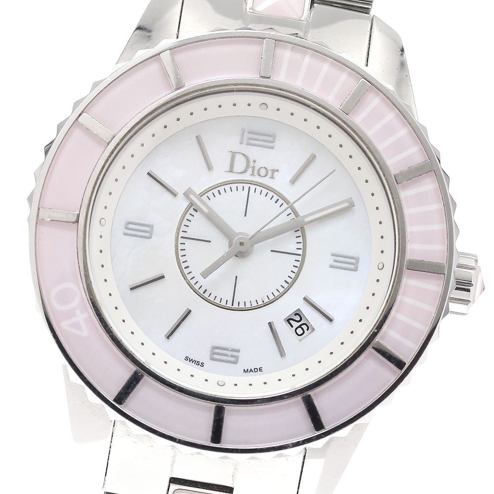 Dior Crystal Quartz Stainless Steel Date Women's Wristwatch: Dior Crystal Quartz Stainless Steel Date Women's Wristwatch This Dior Crystal women's wristwatch features a stainless steel case and bracelet with a white mother-of-pearl dial. Powered by a quartz mov