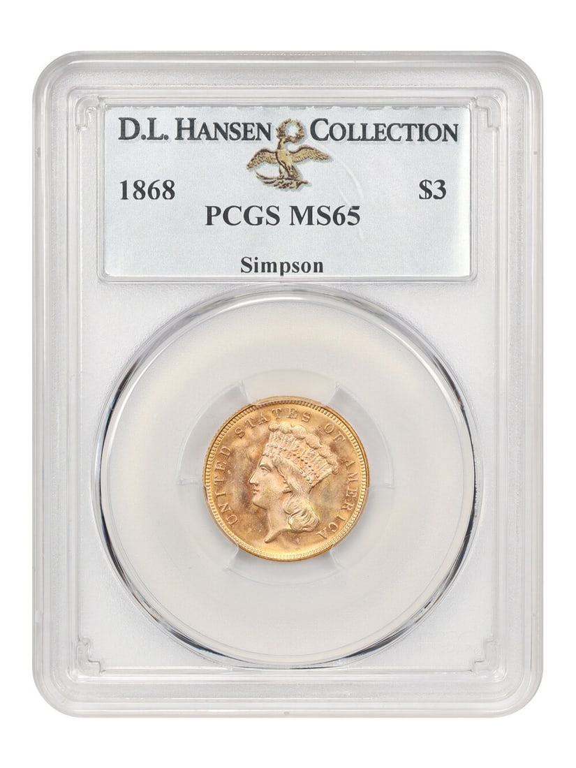 1868 $3 Gold Coin PCGS MS65 D.L. Hansen Simpson Collection: 1868 $3 Gold Coin PCGS MS65 D.L. Hansen Simpson Collection This stunning 1868 $3 gold coin is graded PCGS MS65, showcasing an exquisite example from a limited mintage of just 4,850 coins. With only tw