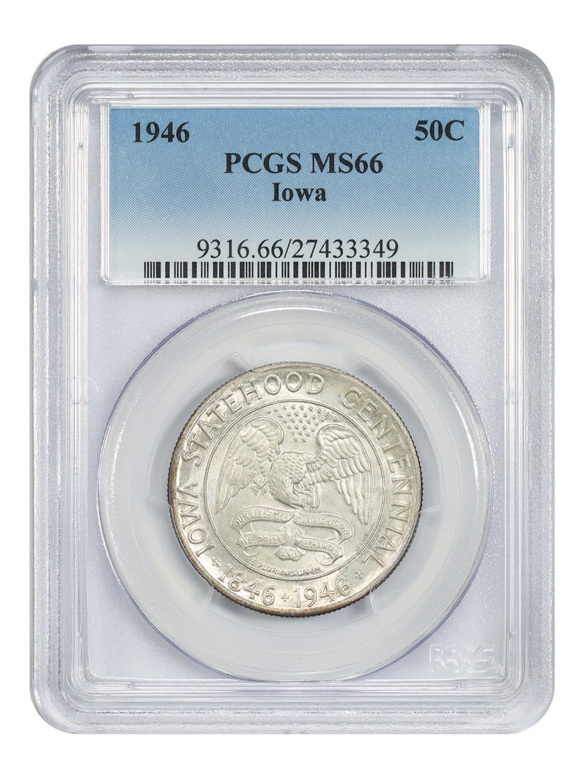 Iowa 1946 Half Dollar PCGS MS66 Classic Silver Commemorative Coin: Iowa 1946 Half Dollar PCGS MS66 Classic Silver Commemorative Coin This 1946 Iowa 50C is a classic silver commemorative coin, graded MS66 by PCGS. Issued to celebrate the 100th anniversary of Iowa's st