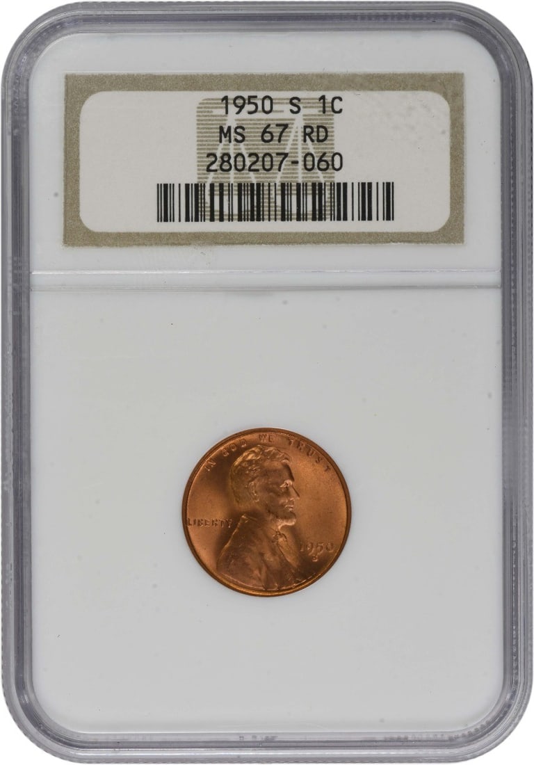 NGC MS67RD 1950-S Lincoln Wheat Copper Cent: NGC MS67RD 1950-S Lincoln Wheat Copper Cent This is a 1950 Lincoln Wheat Cent, graded MS67 Red by NGC. Struck in copper, this uncirculated small cent originates from the United States and is classifie
