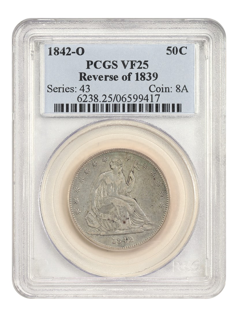 PCGS VF25 1842-O Seated Half Dollar Small Date Reverse of 1839: PCGS VF25 1842-O Seated Half Dollar Small Date Reverse of 1839 This is an 1842-O Liberty Seated Half Dollar, featuring the Small Date and Reverse of 1839 variety. Graded VF25 by PCGS, this circulated 