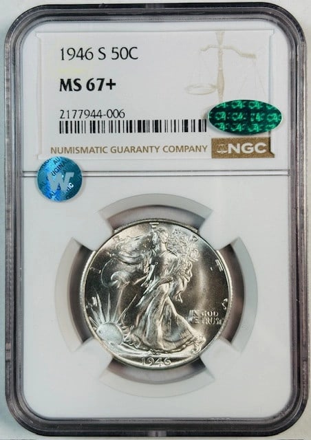 1946 S Walking Liberty Half Dollar NGC MS67+ CAC Uncirculated: 1946 S Walking Liberty Half Dollar NGC MS67+ CAC Uncirculated This stunning 1946 S Walking Liberty Half Dollar is graded MS 67+ by NGC and features the CAC certification, ensuring its exceptional qual