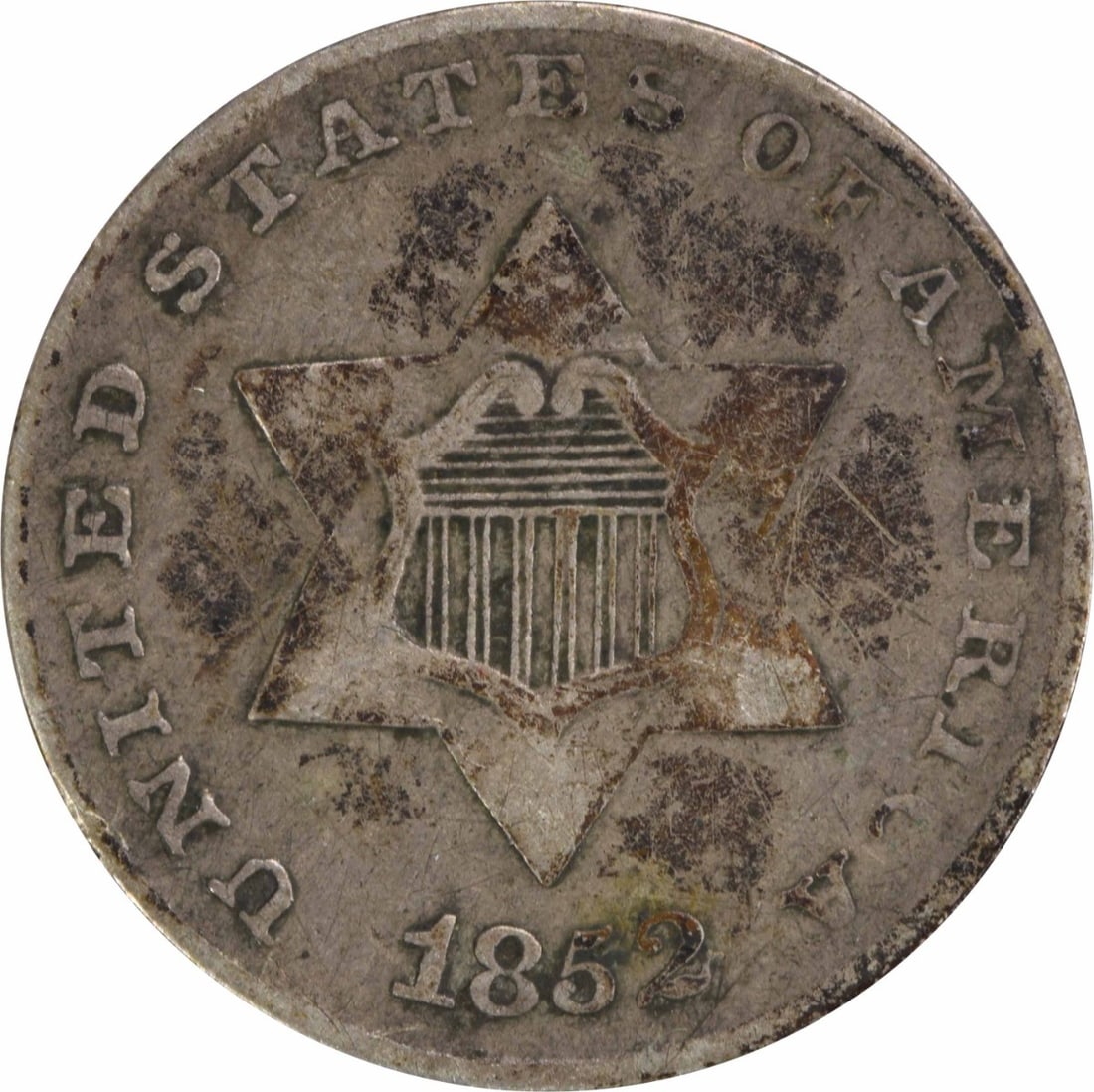 1852 Three Cent Silver Coin F Uncertified Philadelphia Mint (1 of 2)